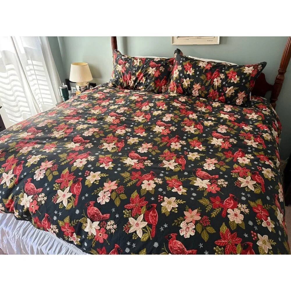 Pier One King Size Floral Cardinals Duvet Cover with Shams